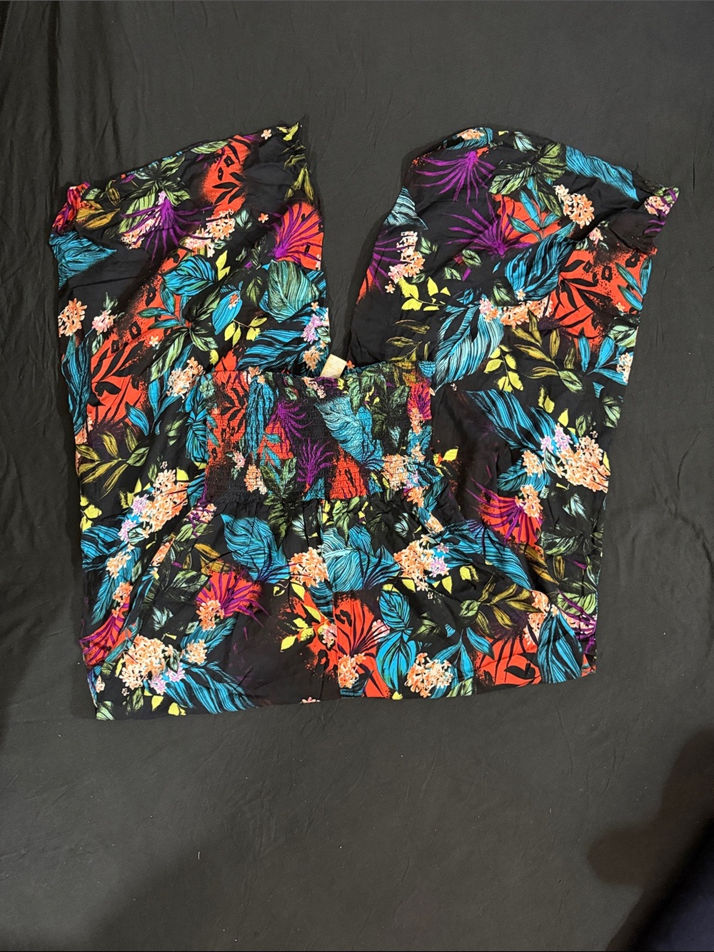 Black tube top Tropical Floral Jumpsuit with Bright Multi-Color Leaves